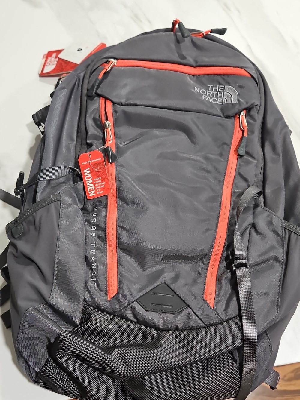 NWT North Face Gray Backpack with Coral Zippers